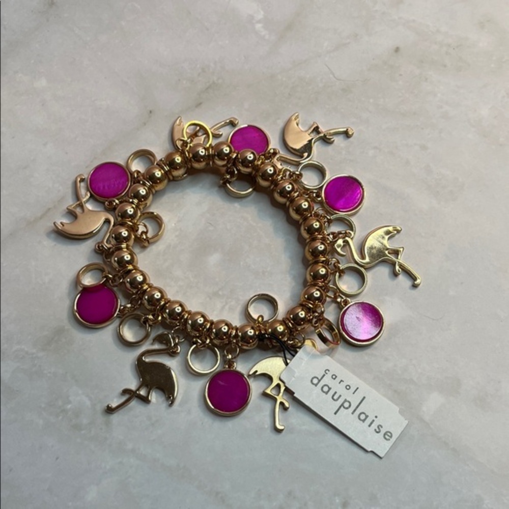 Carol Dauplaise Gold Bracelet with Pink Charms & Gold Flamingo's NWT